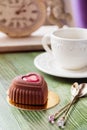 French heart shaped mousse cake covered with chocolate velour Royalty Free Stock Photo