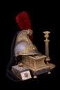 French helmet, inkstand and candlestick