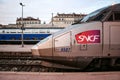 French High Speed train TGV Reseau ready for departure on Toulon train station platform. TGV is one of the main trains of SNCF Royalty Free Stock Photo