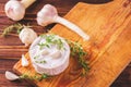 French homemade Camembert cheese with thyme and garlic