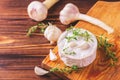 French homemade Camembert cheese with thyme and garlic