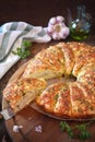 French homemade sourdough white bread with garlic, grated cheese, olive oil and parsley Royalty Free Stock Photo