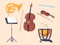 French Horn, Flute, Cello, Violin and Music Stand with Drum Timeless And Revered Classic Instruments Isolated Set