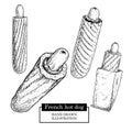 French hot dog set. Grilled sausage and bun, paper package an without. Fast food. Hand drawn sketch style street food vector illus