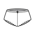 French knickers technical fashion illustration with scalloped edge, elastic waistband. Flat Mini-short panties lingerie