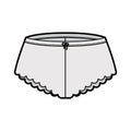 French knickers technical fashion illustration with scalloped edge, elastic waistband. Flat Mini-short panties lingerie