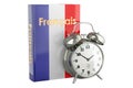 French language textbook with alarm clock. Time to learn French language, 3D rendering Royalty Free Stock Photo