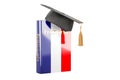 French language textbook with graduation cap. Learn French language, classes. 3D rendering Royalty Free Stock Photo