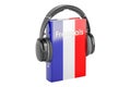 French language textbook with headphones. Learn French language, classes. 3D rendering Royalty Free Stock Photo