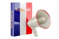 French language textbook with megaphone. Courses of French language, 3D rendering Royalty Free Stock Photo