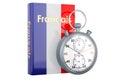 French language textbook with stopwatch. Accelerated courses of French language, 3D rendering Royalty Free Stock Photo