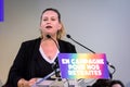 French left-wing politician Mathilde Panot giving a speech at a rally