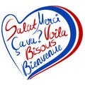 French lettering in a heart. Red,white, blue.