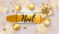 French lettering Joyeux Noel - Happy New Year and Merry Christmas. Christmas background with shining gold snowflakes Royalty Free Stock Photo