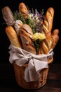 French loaves breads in basket in artisanal bakery. Gift basket Royalty Free Stock Photo