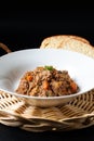 French local food Navarin d`agneau lamb or mutton slow cooker strew in white dish with copy space