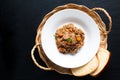 French local food Navarin d`agneau lamb or mutton slow cooker strew in white dish with copy space