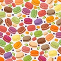 French macarons in seamless pattern, vector illustration. Endless colorful macaroons, pastry shop assortment, selection