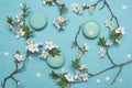 French macaroon dessert and flowers on a turquoise background