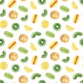 French macaroon yellow lemon, green kiwi fruit slices seamless pattern watercolor illustration, dessert souvenir of trip to France Royalty Free Stock Photo