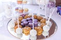 French macaroons cookies. Candy bar. A lot of sweets at the wedding banquet.