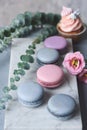 French macaroons and cupcakes with flowers on marble background. Royalty Free Stock Photo