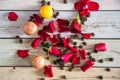 French macaruns with red roses and coffee Royalty Free Stock Photo