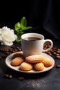 French Madeleine cookies and cup of coffee on a dark table, Vertical image