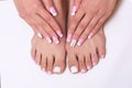 French manicure and pedicure with pastes on nails