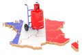 French map with propane gas cylinder on hand truck. Gas Delivery Service in France, concept. 3D rendering