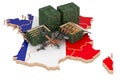 French map with weapons. Military supplies in France, concept. 3D rendering