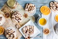 French meringue with chocolate and caramel, orange tea, top view Royalty Free Stock Photo