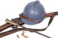 French military helmet of the First World War with rifle on whit