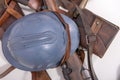 French military helmet of the First World War with rifle on whit