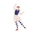 French mime, female actress performing pantomime. Comic mimic artist, comedian. Woman in beret playing silent dumb