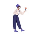 French mime giving flower. Comic artist performing romantic comedy, pantomime with rose in hand. Silent deaf comedian