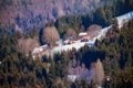 French mountain landscape many chalets on Alps slope at winter Royalty Free Stock Photo