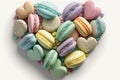 French multi-colored macarons in the form of a heart on a white background. Generative AI