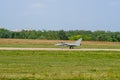 French multipurpose fighter of fourth generation Dassault Rafale on runway of airfield of Gromov Flight Research Institute