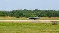 French multipurpose fighter of fourth generation Dassault Rafale on runway of airfield of Gromov Flight Research Institute