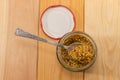 French mustard in glass jar on rustic table, top view Royalty Free Stock Photo