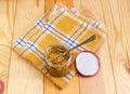 French mustard in small glass jar with spoon on napkin Royalty Free Stock Photo