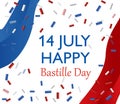 French National Day. 14 july. Happy Bastille Day! Flat banner in colors of the national flag of France for card and poster. Vector Royalty Free Stock Photo