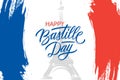 French National Day, 14th of July brush stroke banner with Eiffel tower and hand lettering Happy Bastille Day.