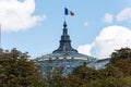 French National Flag on The Grand Palais on the bank of Seina River in Paris, currently the largest existing ironwork and glass