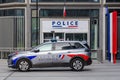 French national police patrol vehicle parked in front of a police station