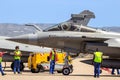 French Navy Rafale fighter jet aircraft preparing on the tarmac of Zaragoza Air Base. Zaragoza, Spain - May 20, 2016