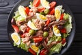 French nicoise salad with fresh vegetables, eggs, tuna and anchovies close up. horizontal top view