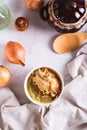 French onion soup with baked cheese bread in a bowl on the table top and vertical view Royalty Free Stock Photo