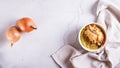 French onion soup with baked cheese bread in a bowl on the table top view web banner Royalty Free Stock Photo